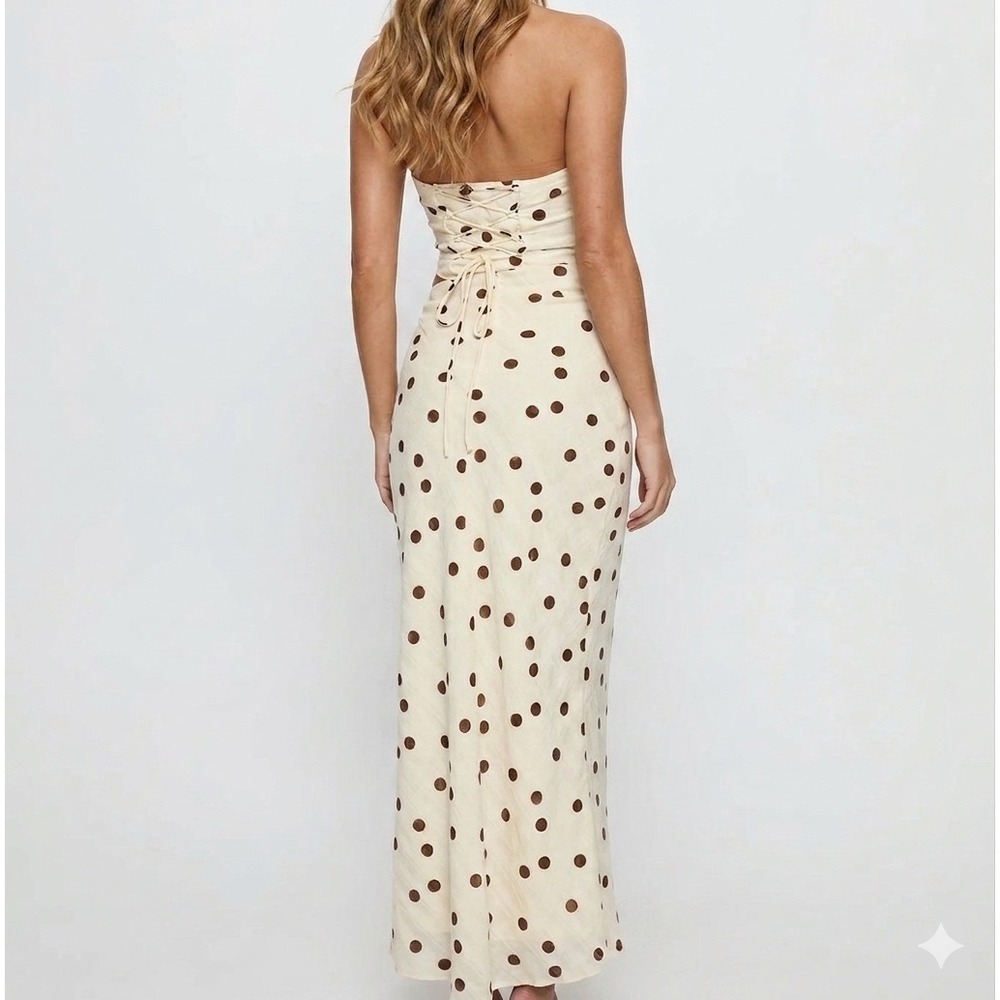 Princess Polly Polka Dot Jasira Strapless Lace Up Cut Out Maxi Ivory Brown 10 - Picture 2 of 8